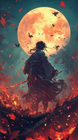 Samurai Silhouette Before Blood Moon in Infernal Forest Scene.