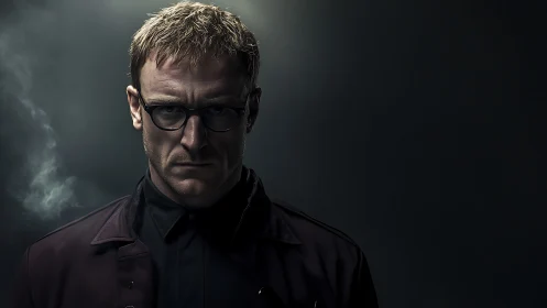 Brooding man in glasses confronts the viewer in moody light