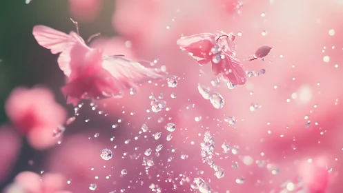 Macro capture of pink petals and water droplets in motion.
