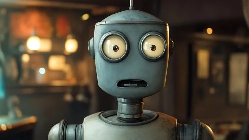 Wide-eyed metal robot in shallow-depth interior lighting study