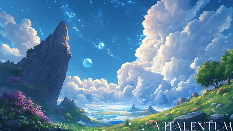 Fantasy mountain meadow under luminous celestial sky.