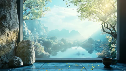 Sunlit mountain lake view from a calm stone doorway.