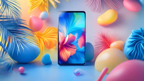 Modern smartphone with vibrant display in colorful abstract setting.