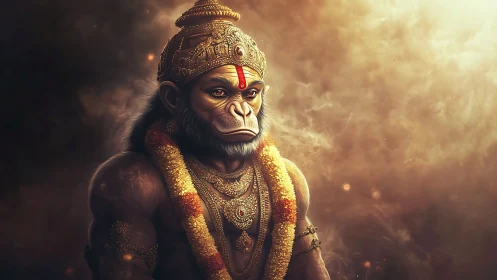 Anthropomorphic warrior monkey rendered with ornate golden regalia