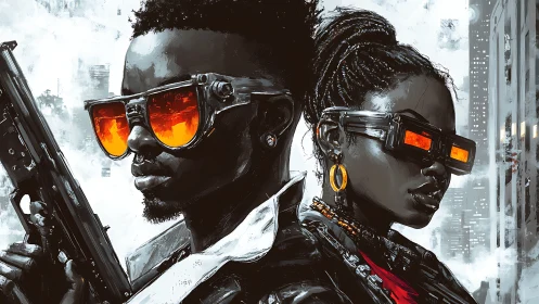 Cyberpunk portrait of two armed figures in neon eyewear.