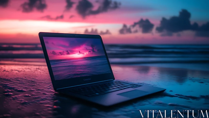 Laptop portal glows against neon dusk on a mirrored shore.