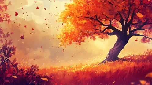 Autumn maple tree on glowing hillside under falling leaves.