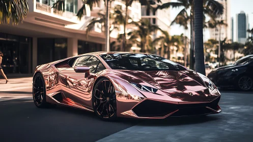 Rose-gold supercar glows like liquid metal on palm plaza.
