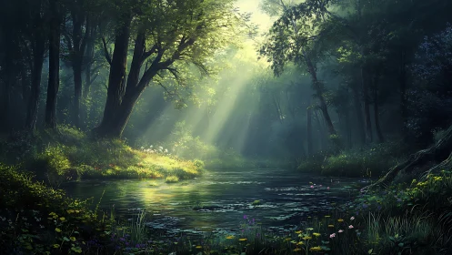 Luminous Forest Riverscape: Crepuscular Rays Through Ancient Deciduous Canopy