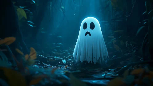 Sad cartoon ghost glows softly inside eerie blue forest