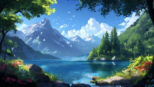 Digital landscape shows alpine lake with distant snowy peaks