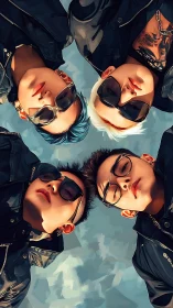 Streetwear crew circle frames skyward low-angle portrait.