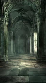Stone corridor with vaulted arches recedes into diffuse haze