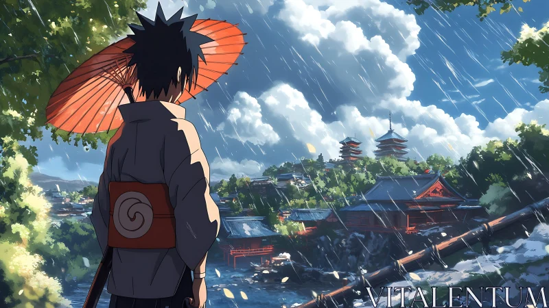 Rain-kissed shrine vista with lone wanderer and crimson parasol.