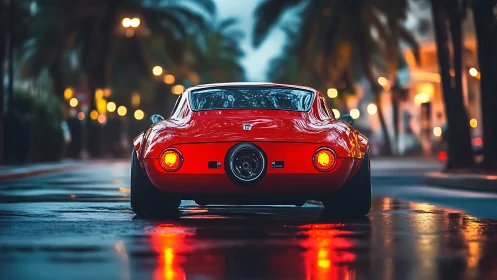 Red classic sports car on wet city street at dusk.