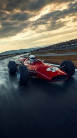 Vintage red formula race car on modern circuit at dusk.