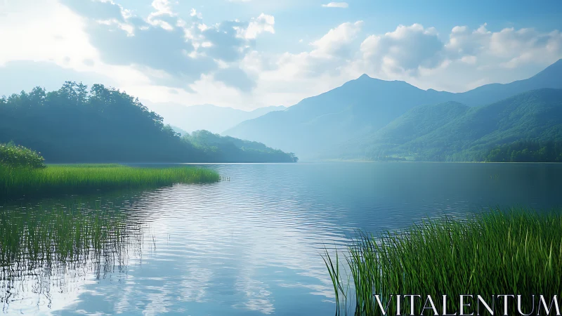 Mountain lake with shoreline reeds under soft morning light.