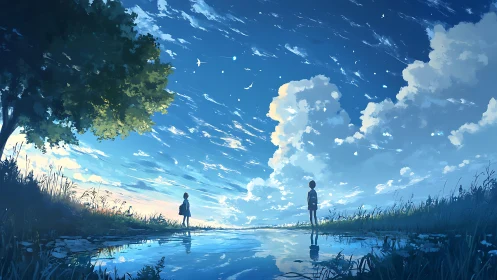 Two figures meet beneath vast reflective summer sky.