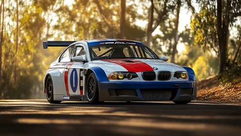 BMW E46 GT race car on sunlit forest road, front three-quarter