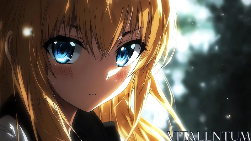 Melancholic blonde anime girl in glowing forest light.