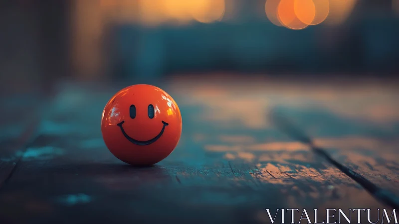 Orange smiley ball rests on worn wooden surface at dusk