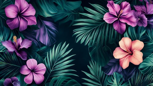 Tropical Blooms Among Lush Teal Foliage.