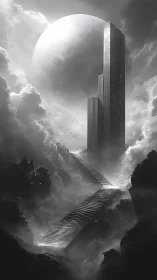 Moonlit monolith stairway ascending through ghostly clouds.
