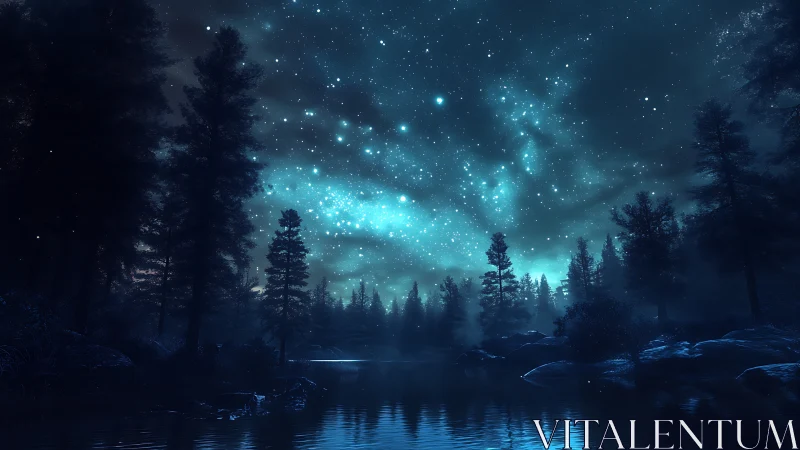 Star-filled night sky over calm forest lake landscape.