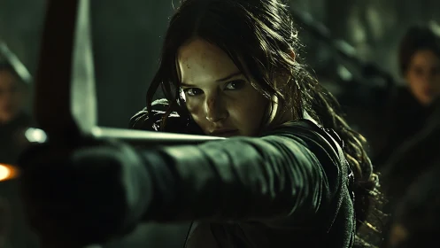 Determined female archer draws bow at close range with cinematic depth