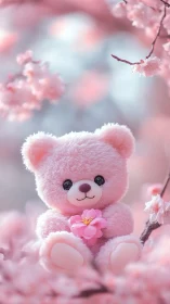Sweet pink teddy cuddling a blossom in dreamy spring glow.