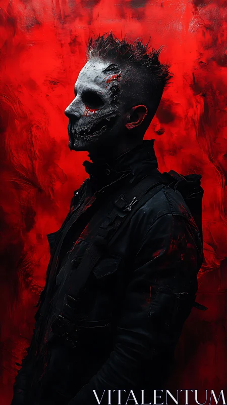 Masked figure in profile stands against textured red wall