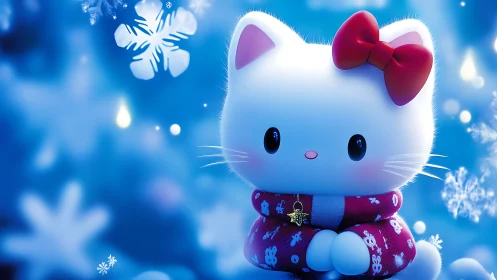 White cartoon cat in red scarf amid blue winter scene.
