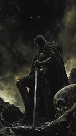 Lone dark warrior pauses with his greatsword amid looming dread