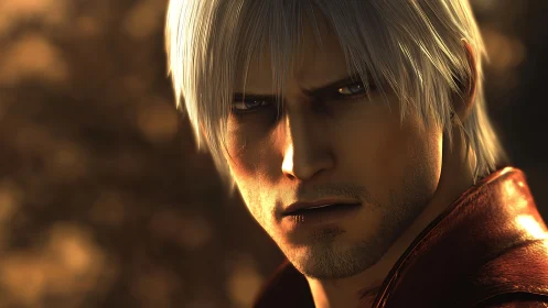 Brooding silver haired hero in molten evening light.