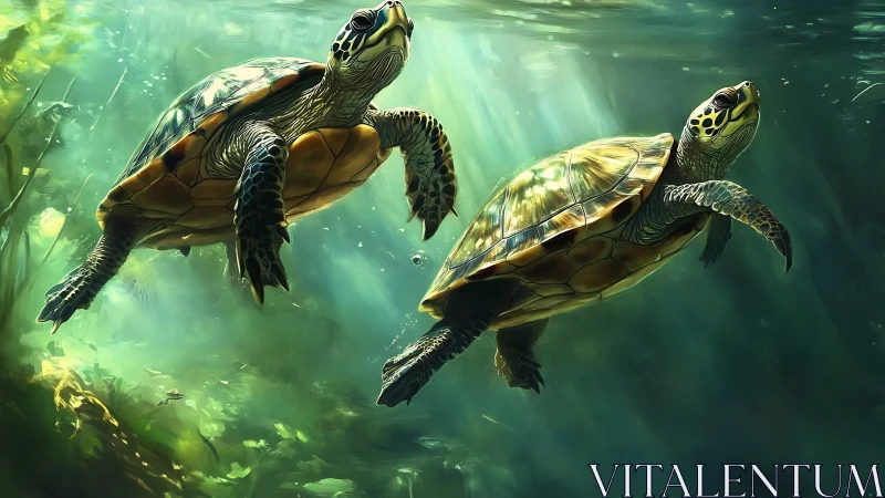 Gentle sea turtles gliding through a glowing green ocean.