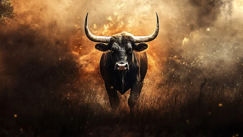 Charging horned bull strides through blazing golden haze.