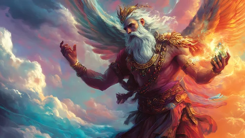 Winged sky deity commands blazing celestial light