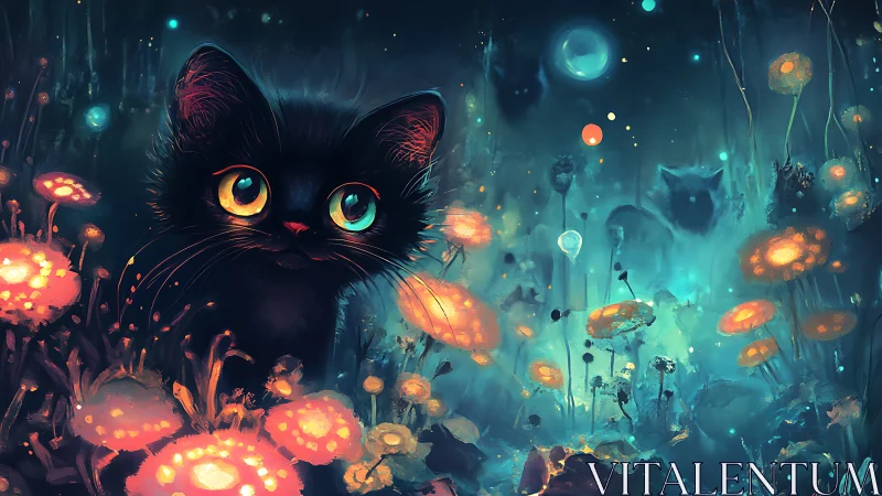 Black cat with luminous golden eyes in bioluminescent fantasy garden.