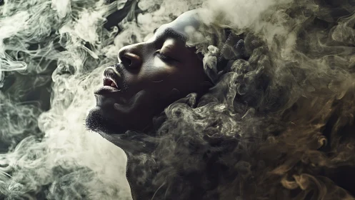 Dreamlike profile immersed in swirling cinematic smoke clouds.