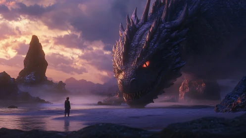 Human figure facing large dragon on misty coastal shore.