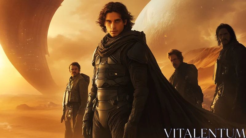 Desert-born warriors stride beneath twin colossal planets.