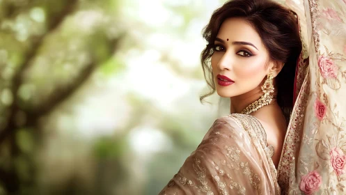 Photorealistic bridal portrait in ornate floral saree drape.