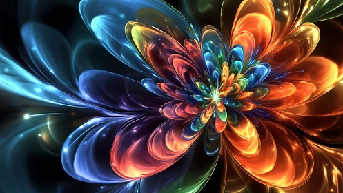 Multicolored abstract floral light form on dark background.