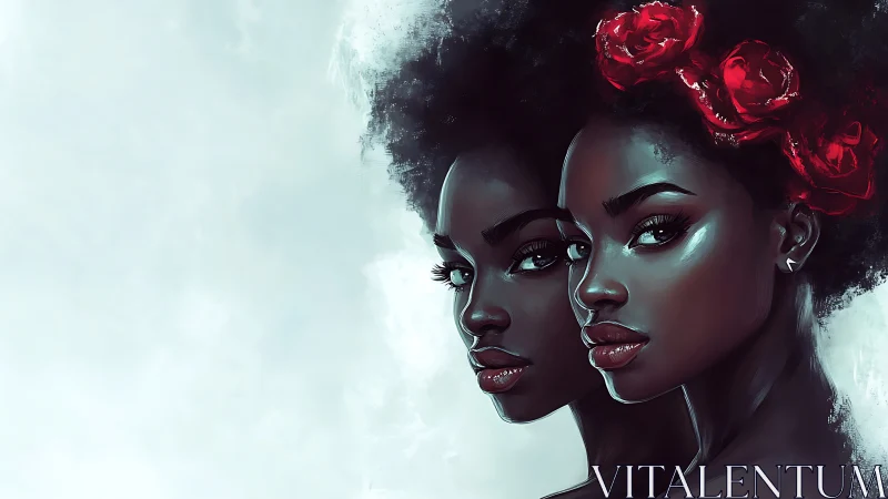 Twin portraits in luminous afro profile with red roses.