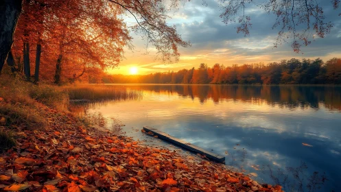 Autumn sunset lake mirrors blazing foliage and soft clouds.