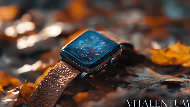 Smartwatch with leather band resting on autumn leaves.