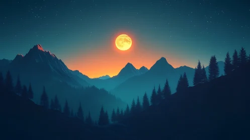 Lunar backlit alpine ridgeline with silhouetted conifer arrays.