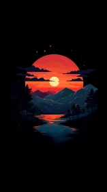 Sunset-lit mountains and river glow beneath a crimson sky.