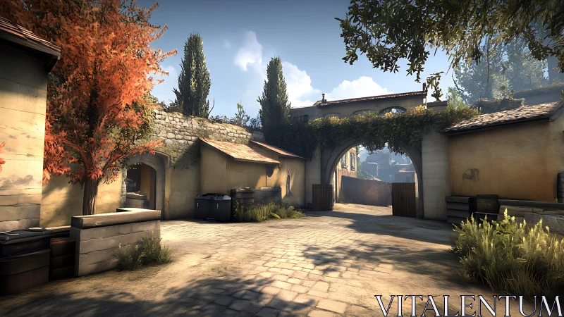 Mediterranean courtyard alleyway in digital game environment.