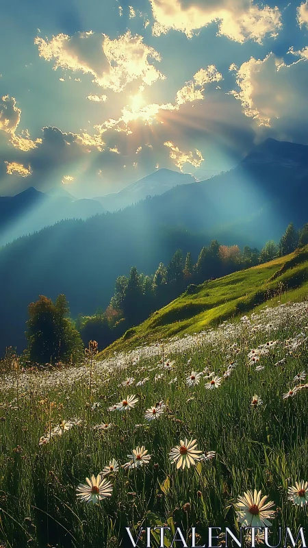 Sunlit mountain meadow with daisies and dramatic sky.